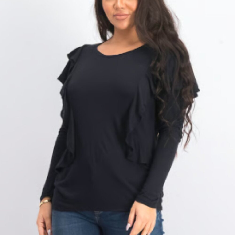 NWT Avec Les Filles Blouse Ruffle Acccent Long Sleeve Black Medium Whimsigoth